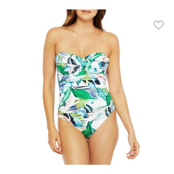 NWOT La Blanca In The Moment Bandeau One Piece Swimsuit Green Multi Print Size 2 - Picture 2 of 13